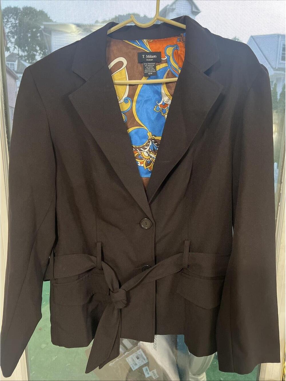 NEW Womens T. Milano 8 Brown Blazer Jacket 2 Button Tie Waist